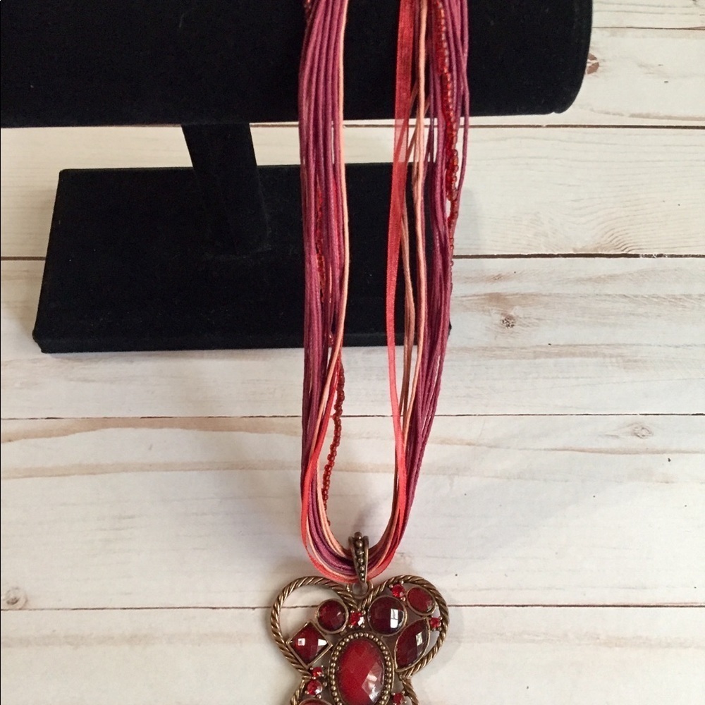 Red Butterfly Nature With Multi Cord Boho Casual Dressed Up Necklace - Picture 8 of 11